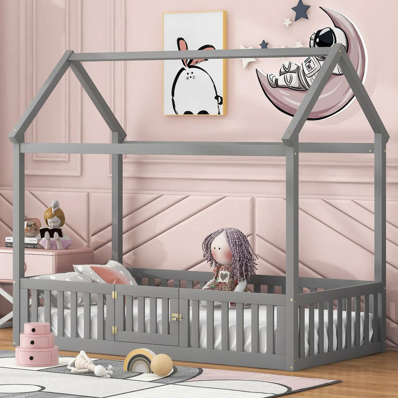 Wood House Bed With Fence And Door by HouseOfZazla