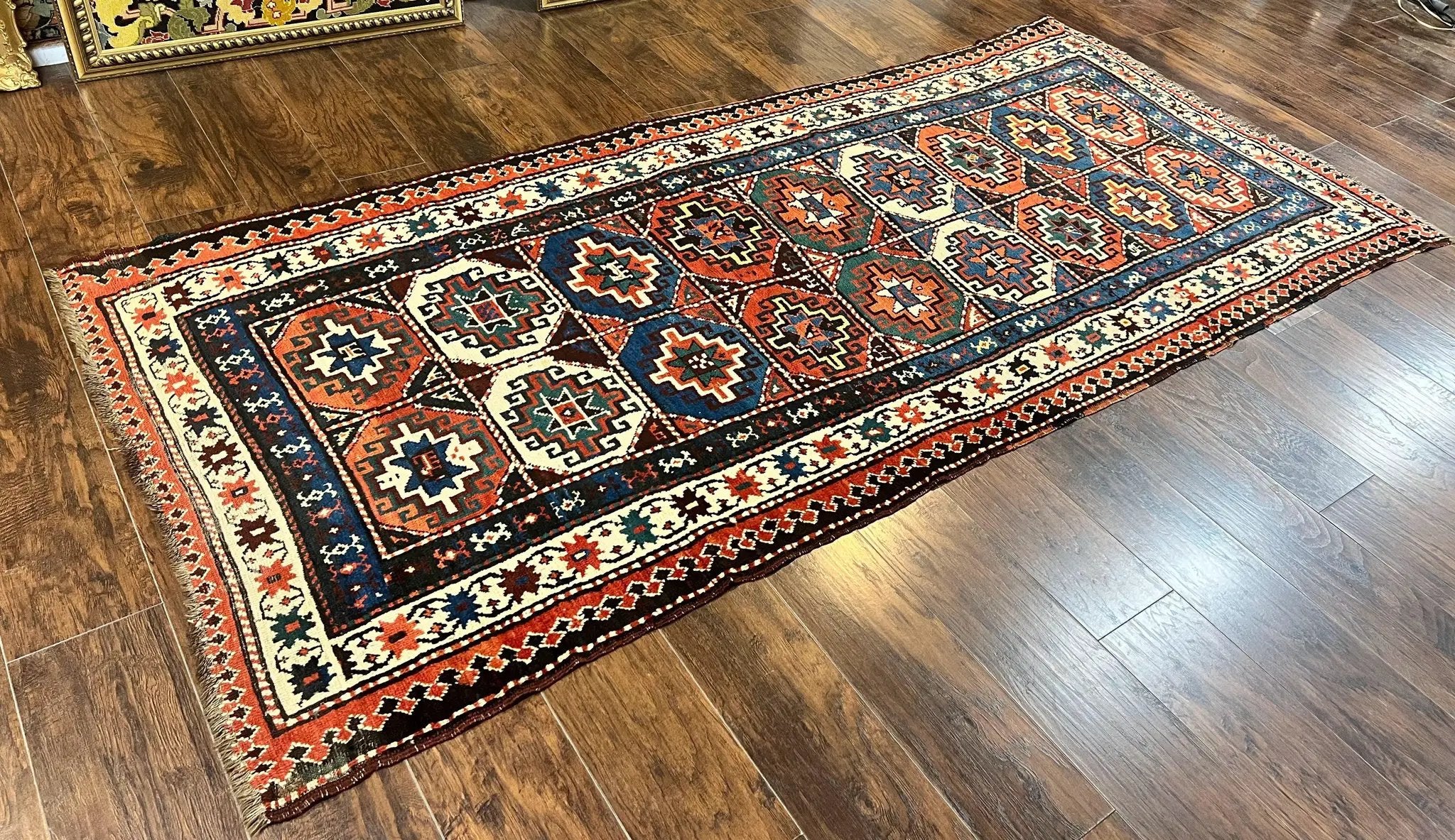 Antique Caucasian Kazak Runner Rug 4 x 9.5, Handmade Wool Rug for Hallway, Rare Colorful Panel Design Mid 19th Century 1870s Oriental Carpet by Jewel Rugs