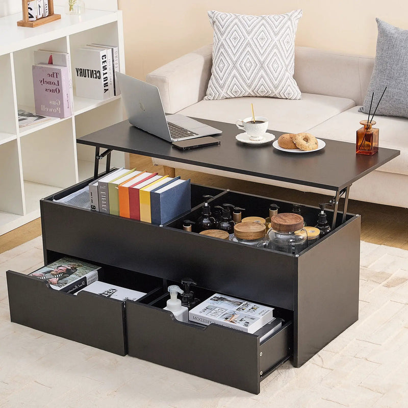 Lift-Top Coffee Table With Storage Center Tables Hidden Compartment & 2 Drawers, Sofa Table For Living Room - Black by HouseOfZazla