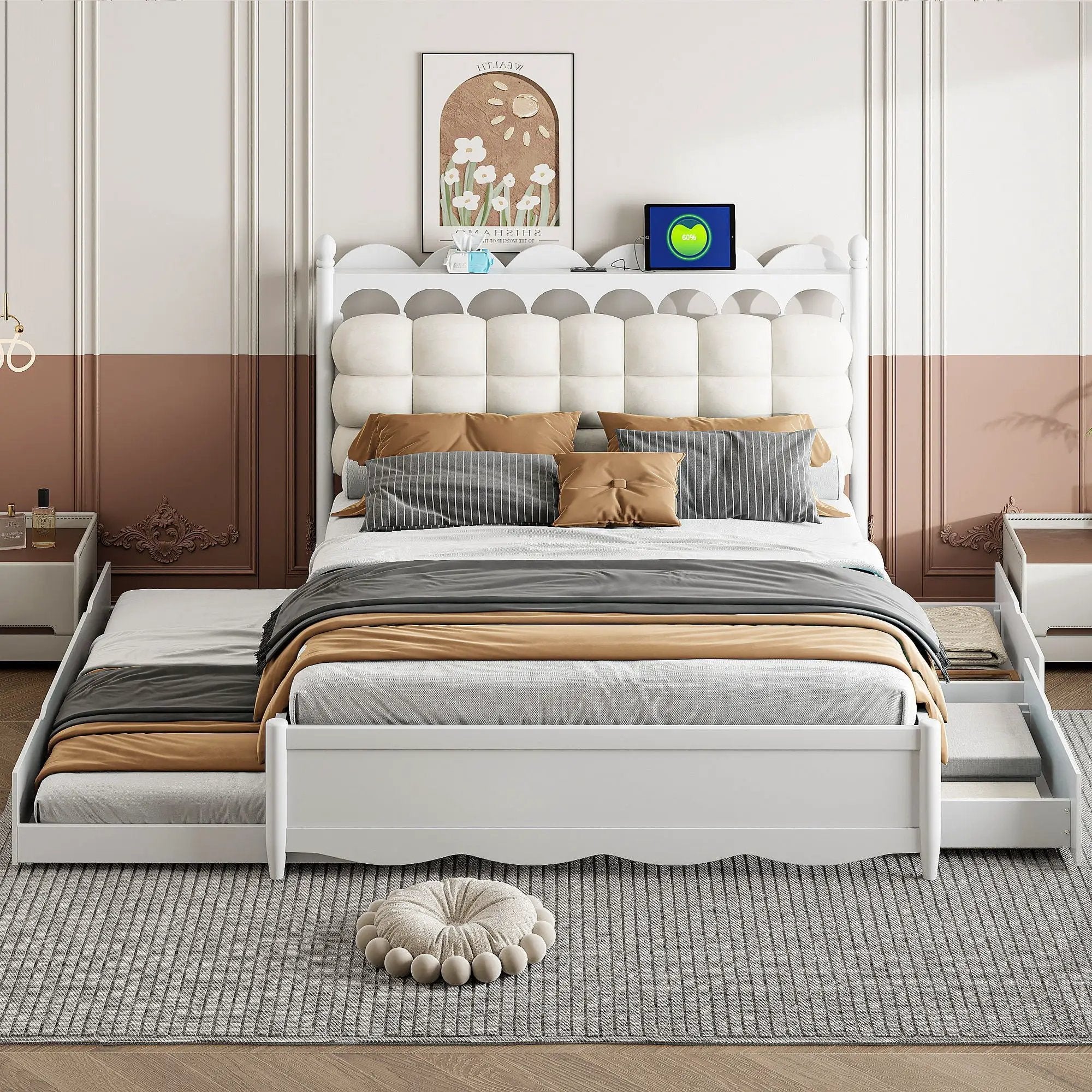 Storage Platform Bed, With 2 Big Drawers, Trundle, One Set Of Sockets & USB Ports by Unique Piece Furniture