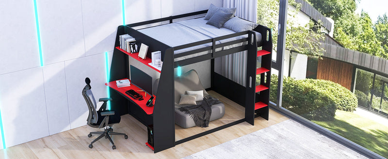 Full Size Wooden Gaming Bunk Bed with Desk, Two Storage Shelves, USB and LED Light by HouseOfZazla