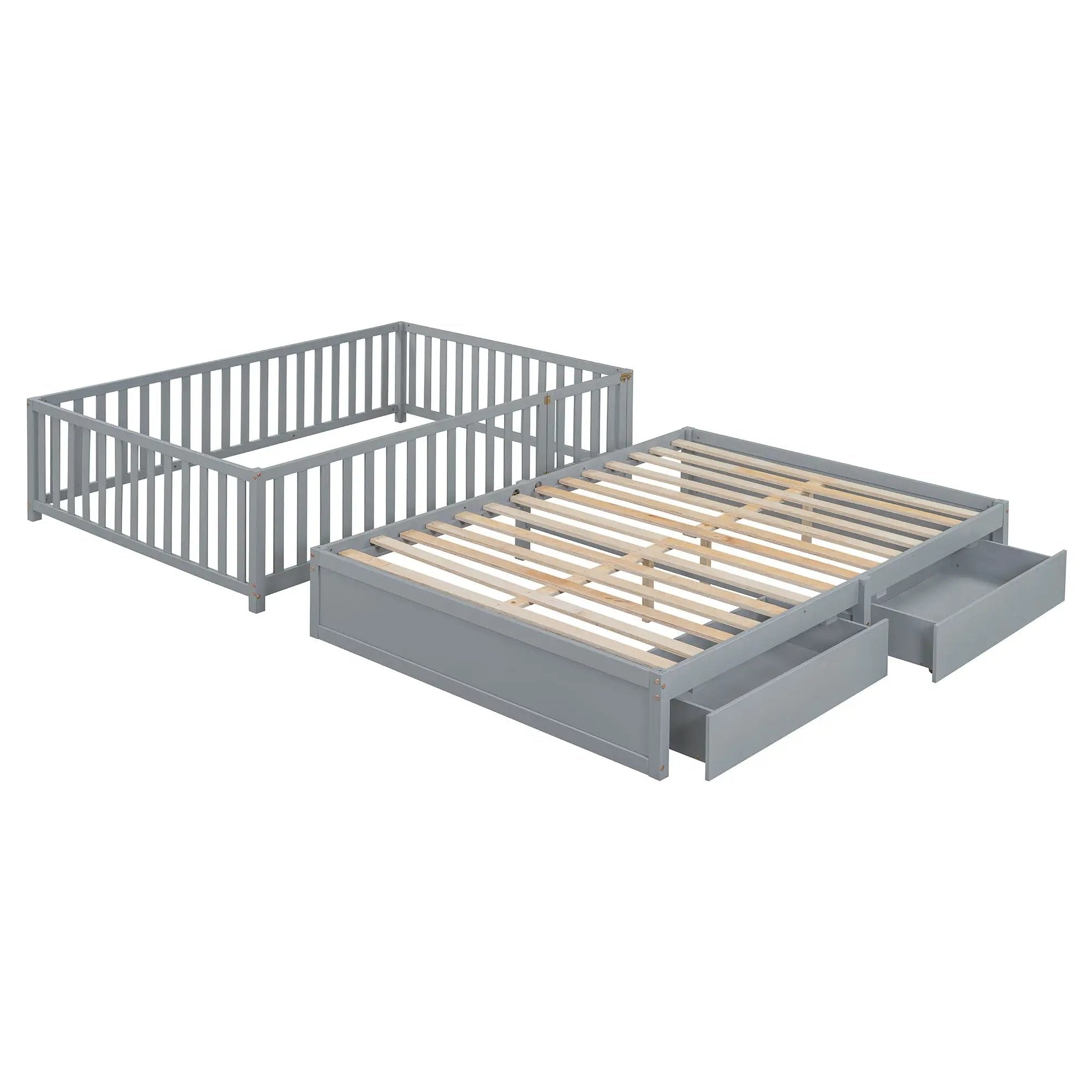 Daybed With Fence Guardrails And 2 Drawers, Split Into Independent Floor Bed & Daybed by HouseOfZazla