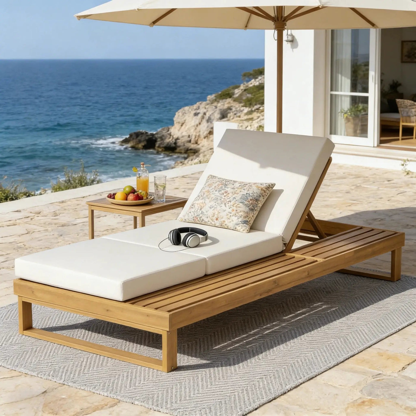 Teak Finish Acacia Wood Chaise Lounge with 4-Inch Cushion by HouseOfZazla