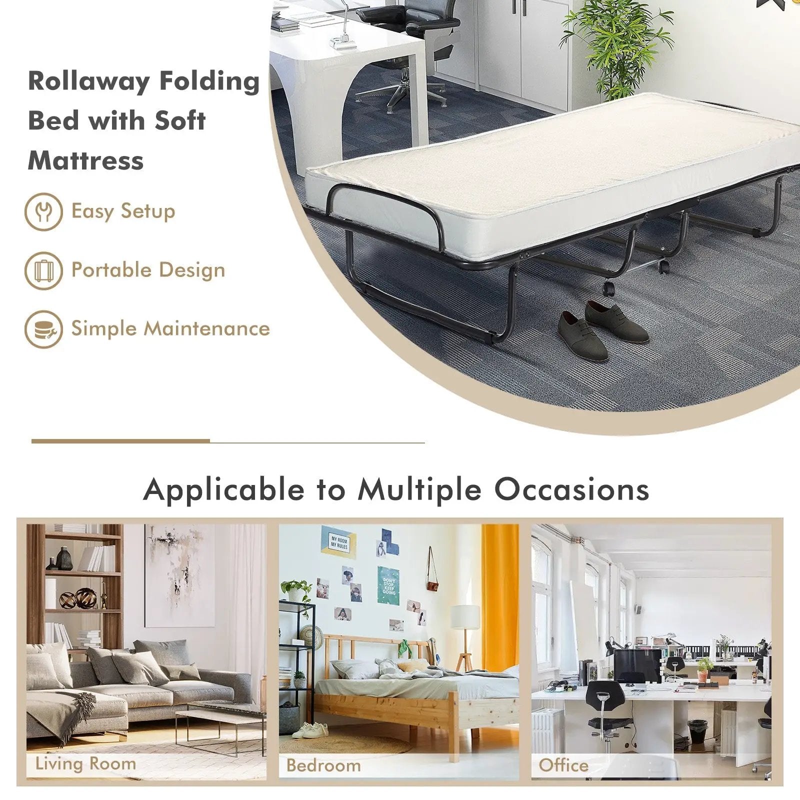 Rollaway Folding Bed with Memory Foam Mattress and Sturdy Metal Frame Made in Italy by DirectDeals