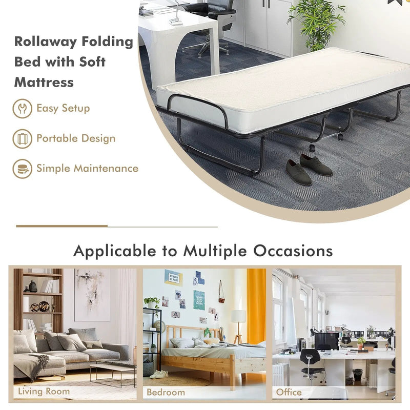 Rollaway Folding Bed with Memory Foam Mattress and Sturdy Metal Frame Made in Italy by DirectDeals