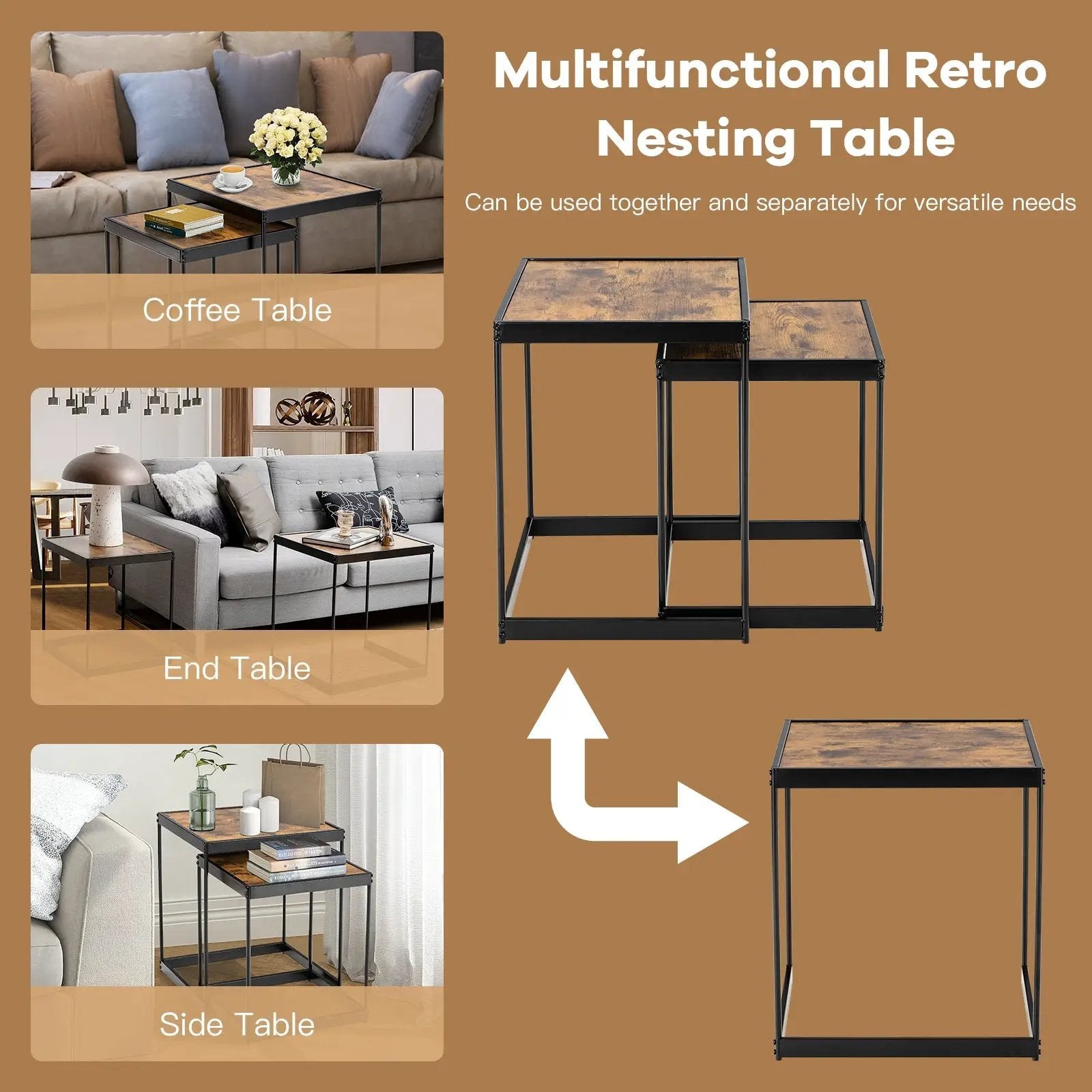 Set of 2 Modern Nesting End Tables with Metal Legs for Living Room-Rustic Brown by DirectDeals