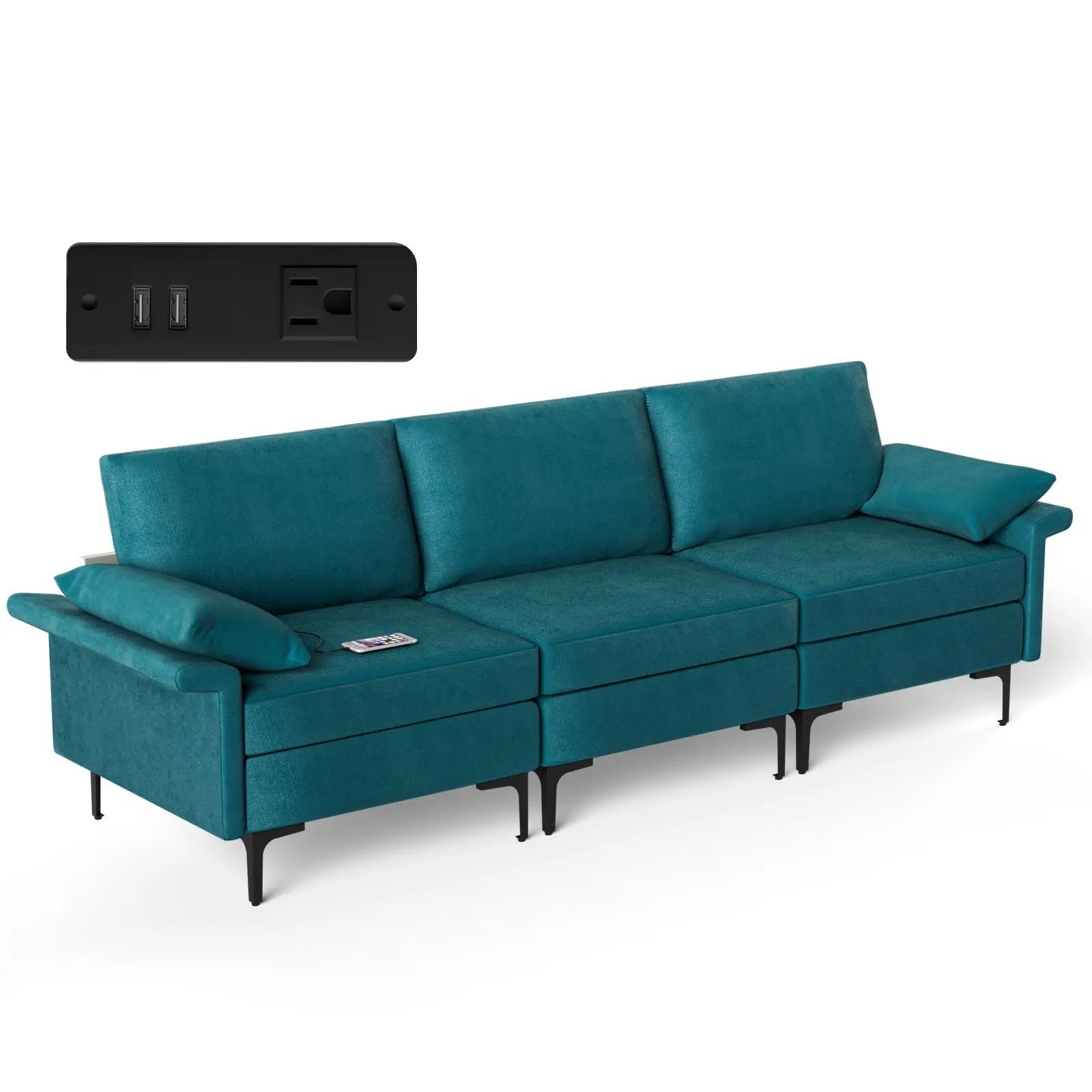 Large 3-Seat Sofa Sectional with Metal Legs and 2 USB Ports for 3-4 people by DirectDeals