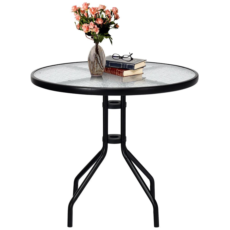 32 Inch Outdoor Patio Round Tempered Glass Top Table with Umbrella Hole by DirectDeals