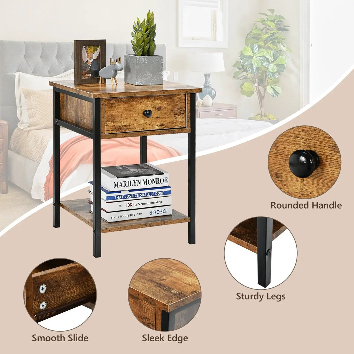 Industrial End Side Table Nightstand with Drawer Shelf, photo 9 of 9