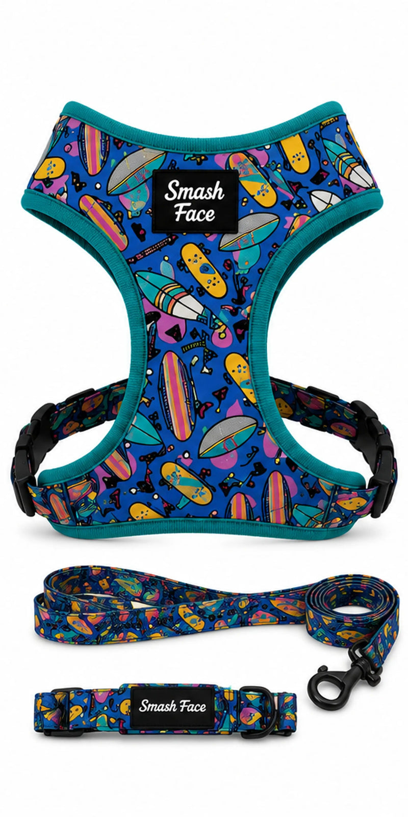Totally Radical Reversible Dog Harness, Collar & Leash Set | Retro Gamer & Surf Skate Print | French Bulldog Harness by HouseOfZazla