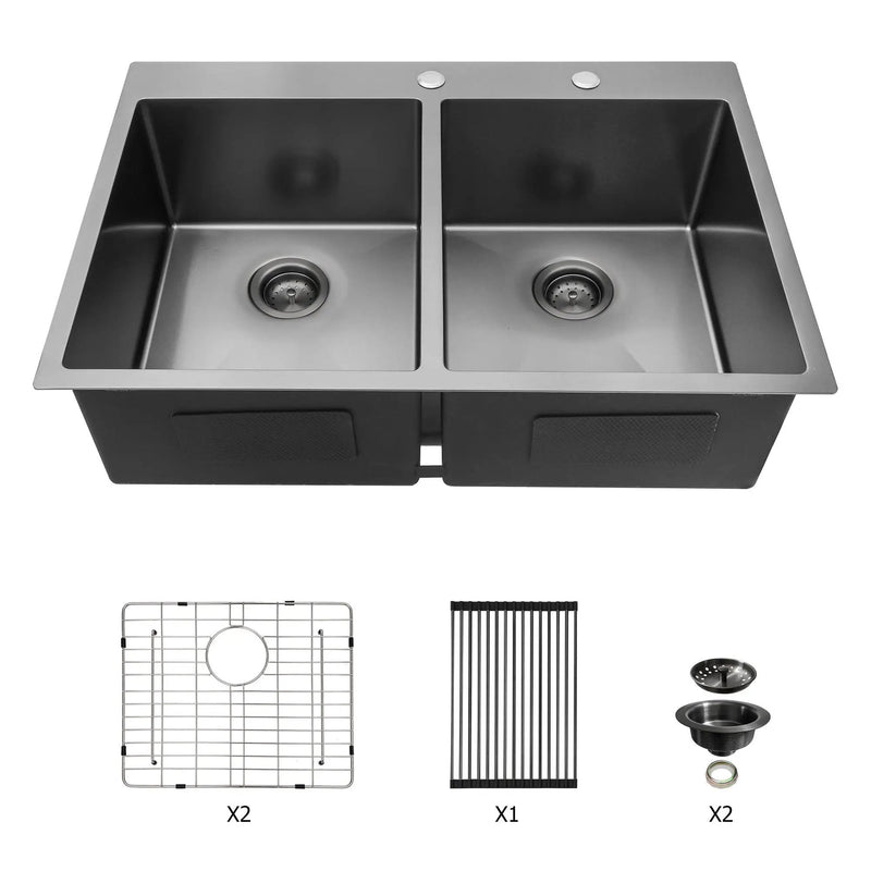 Double Bowl Drop In Kitchen Sink 33" X 22" With 16 Gauge Stainless Steel And 2 10" Deep Basins - Gunmetal Black by HouseOfZazla