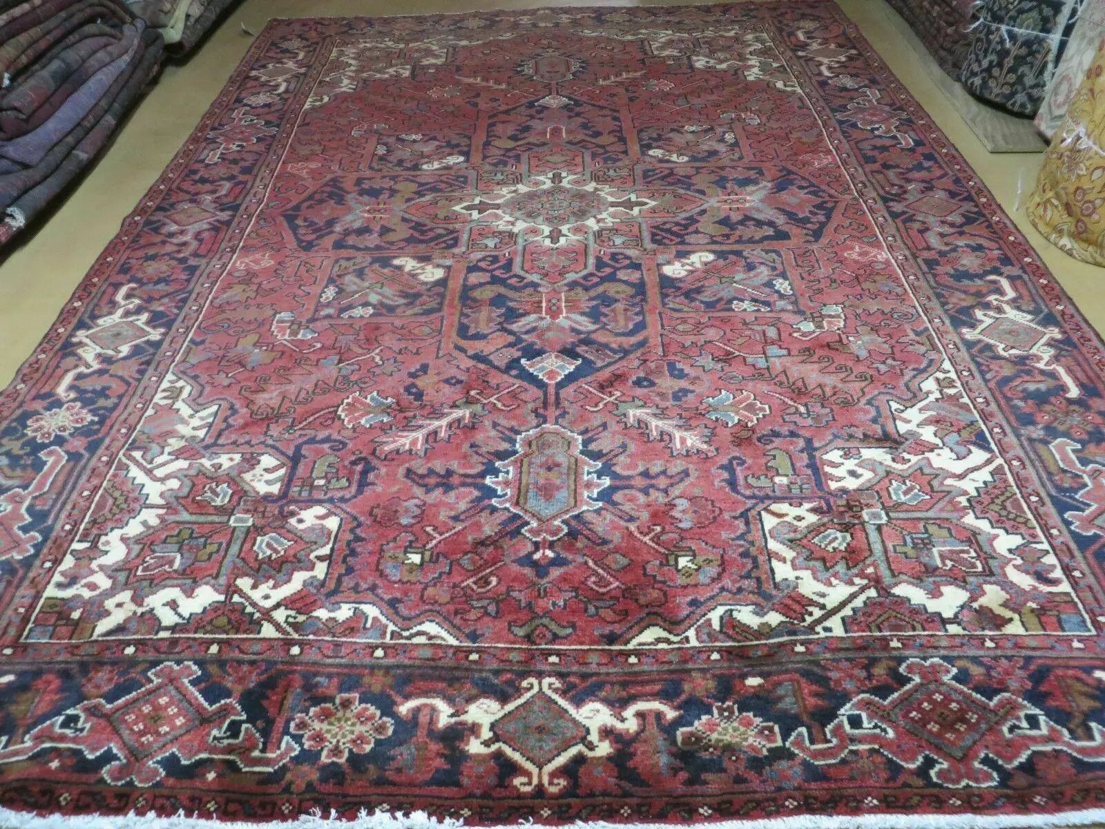 Persian Rug 8x11 Room Sized Heriz Carpet, Hand Knotted Wool Rug, Vintage Semi Antique, Geometric Medallion, Wine Red Cream Dark Blue, Wow by Jewel Rugs