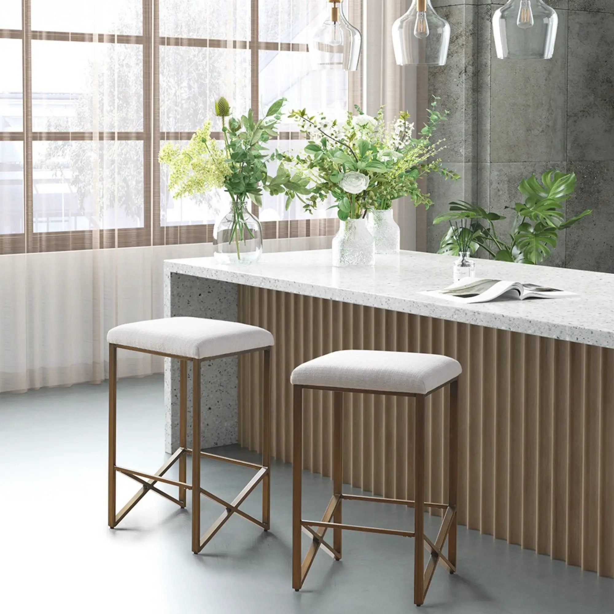 Backless Upholstered Counter Stool With Padded Seat - Ivory / Bronze by Unique Piece Furniture