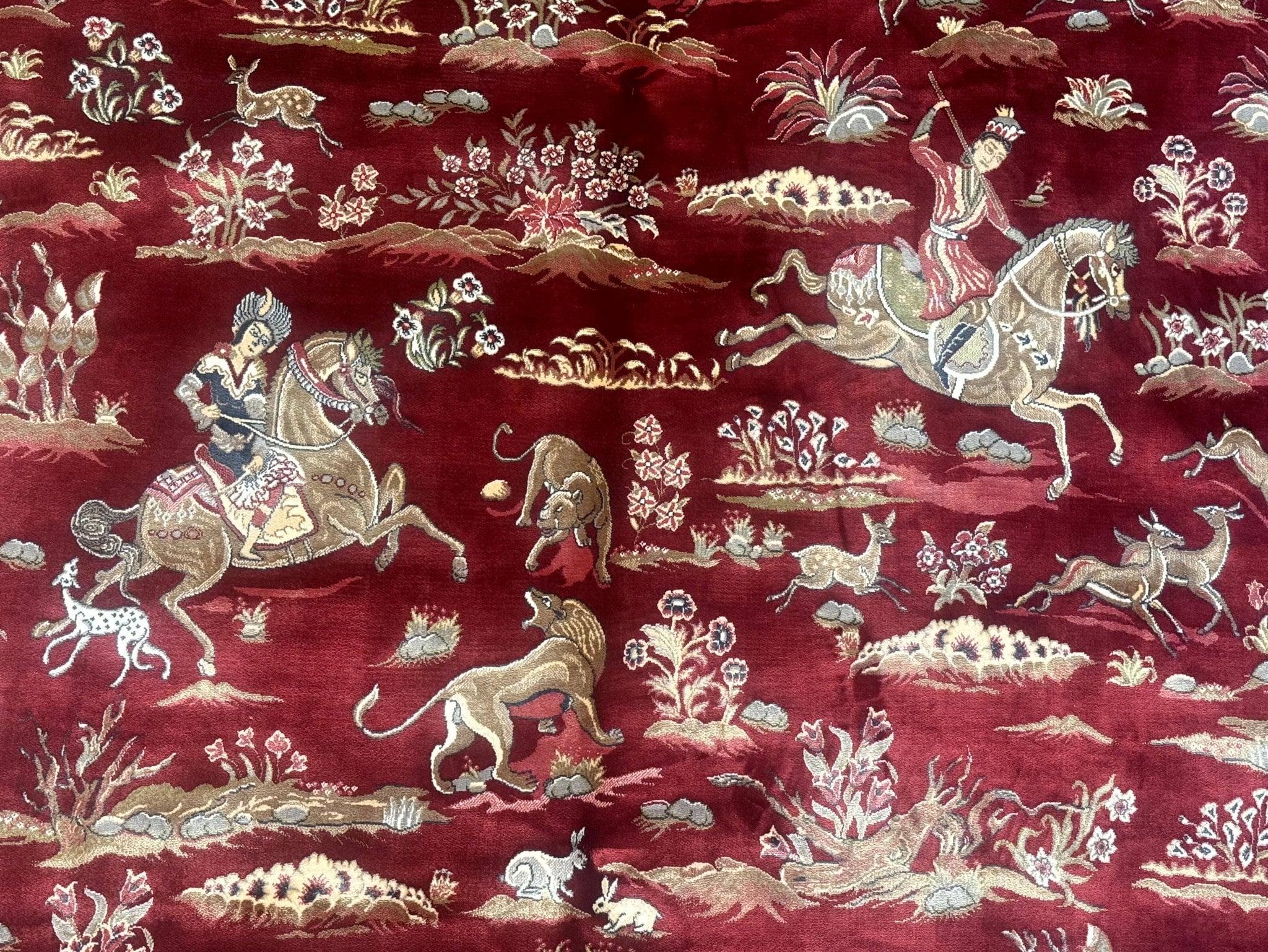 Turkish Silk Rug 8x10, Red & Ivory, Hunting Design, Bamboo Silk, New by Jewel Rugs