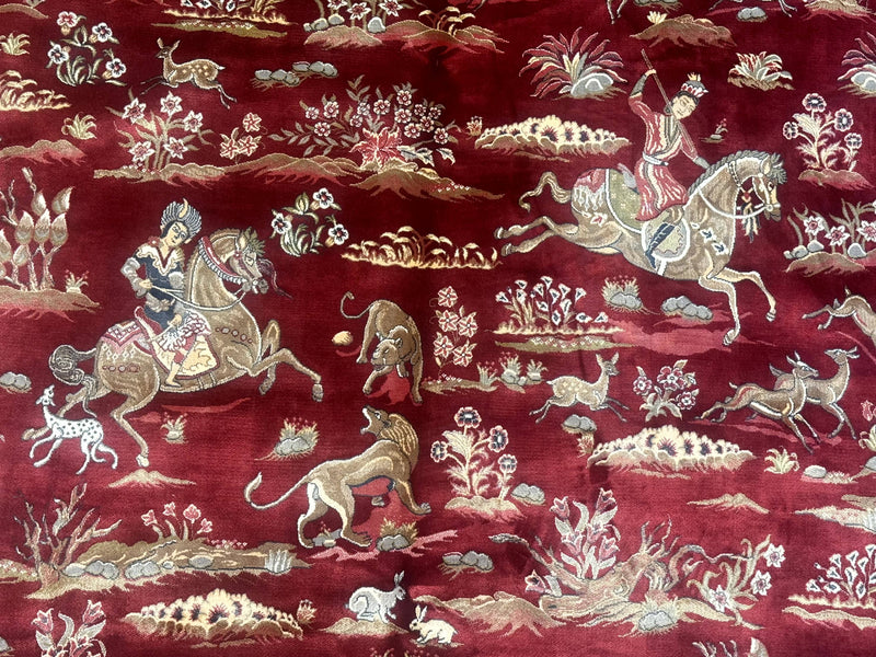 Turkish Silk Rug 8x10, Red & Ivory, Hunting Design, Bamboo Silk, New by Jewel Rugs