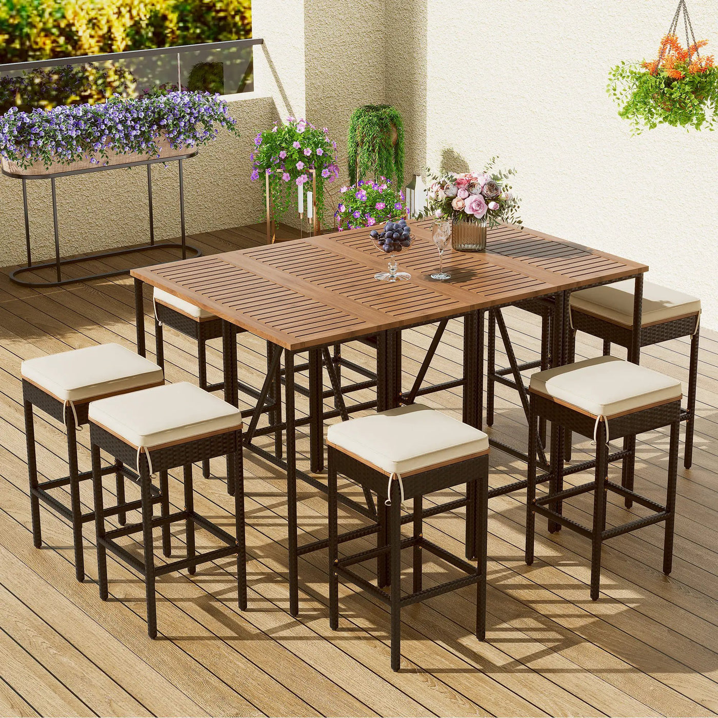 Outdoor Acacia Wood Bar Height Table and Eight Stools with Cushions by HouseOfZazla