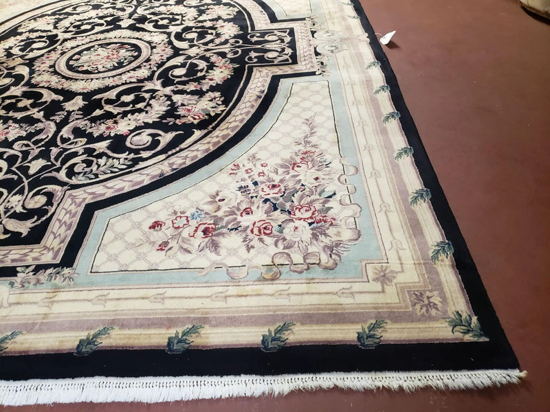 8x10 Aubusson Rug, Fine Hand Knotted Wool Carpet, French European Design, Black & Ivory by Jewel Rugs