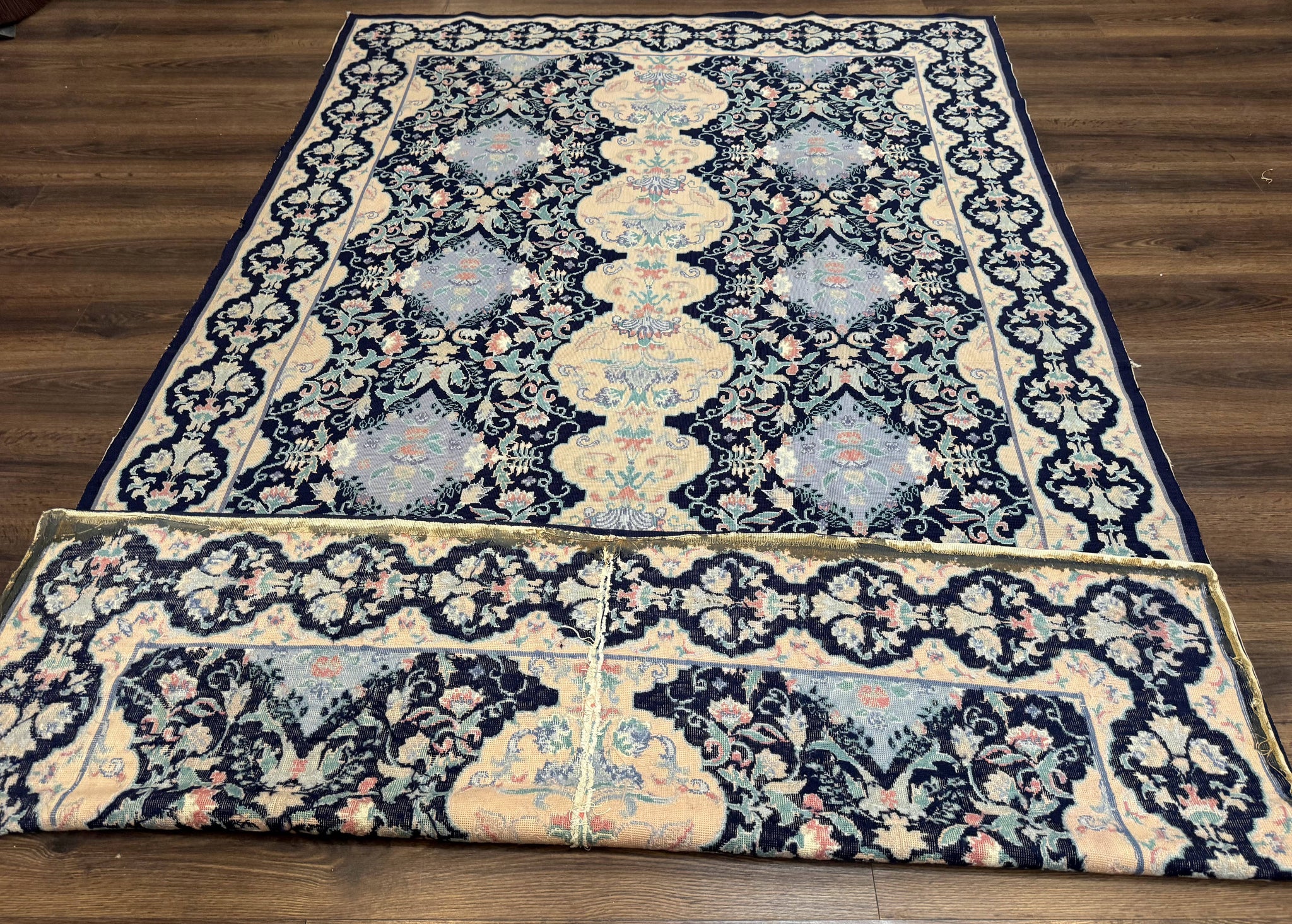 Needlepoint Rug 6x9, Ivory and Navy Blue by Jewel Rugs