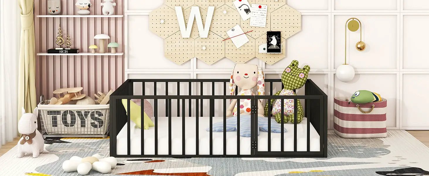 Metal Floor Bed Frame With Fence And Door by HouseOfZazla