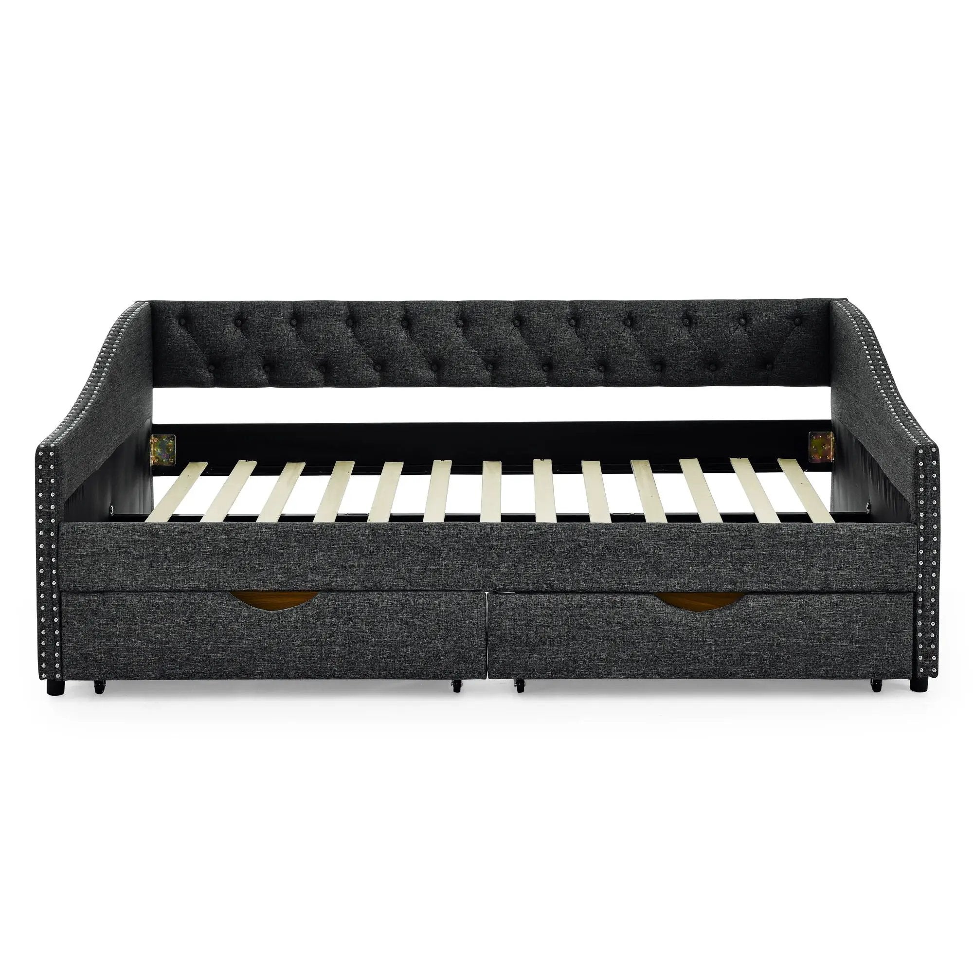 Upholstered Tufted Daybed With 2 Drawers, Waved Arms