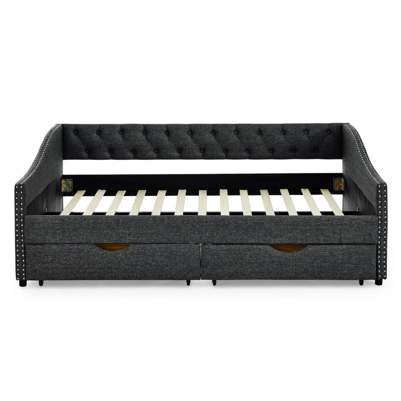 Upholstered Tufted Daybed With 2 Drawers, Waved Arms