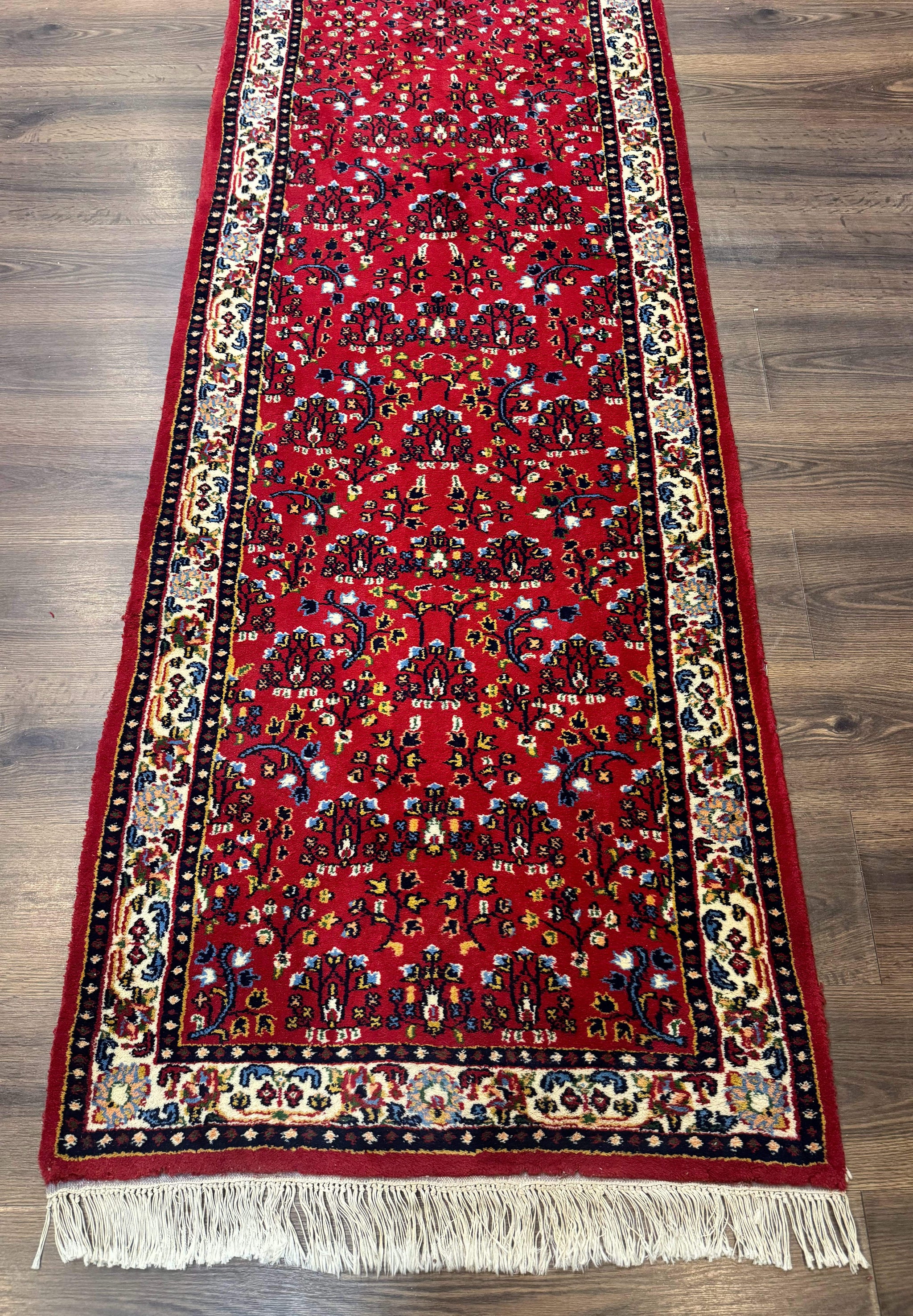 Indo Persian Sarouk Runner Rug 3 x 12, Red and Cream, Allover Pattern, 12ft Runner, Hand Knotted by Jewel Rugs