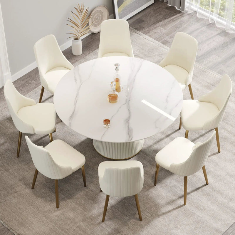 Modern Artificial Stone Round Plywood Base Dining Table, Can Accommodate 8 People, (Not Including Chairs) - White / Beige by HouseOfZazla
