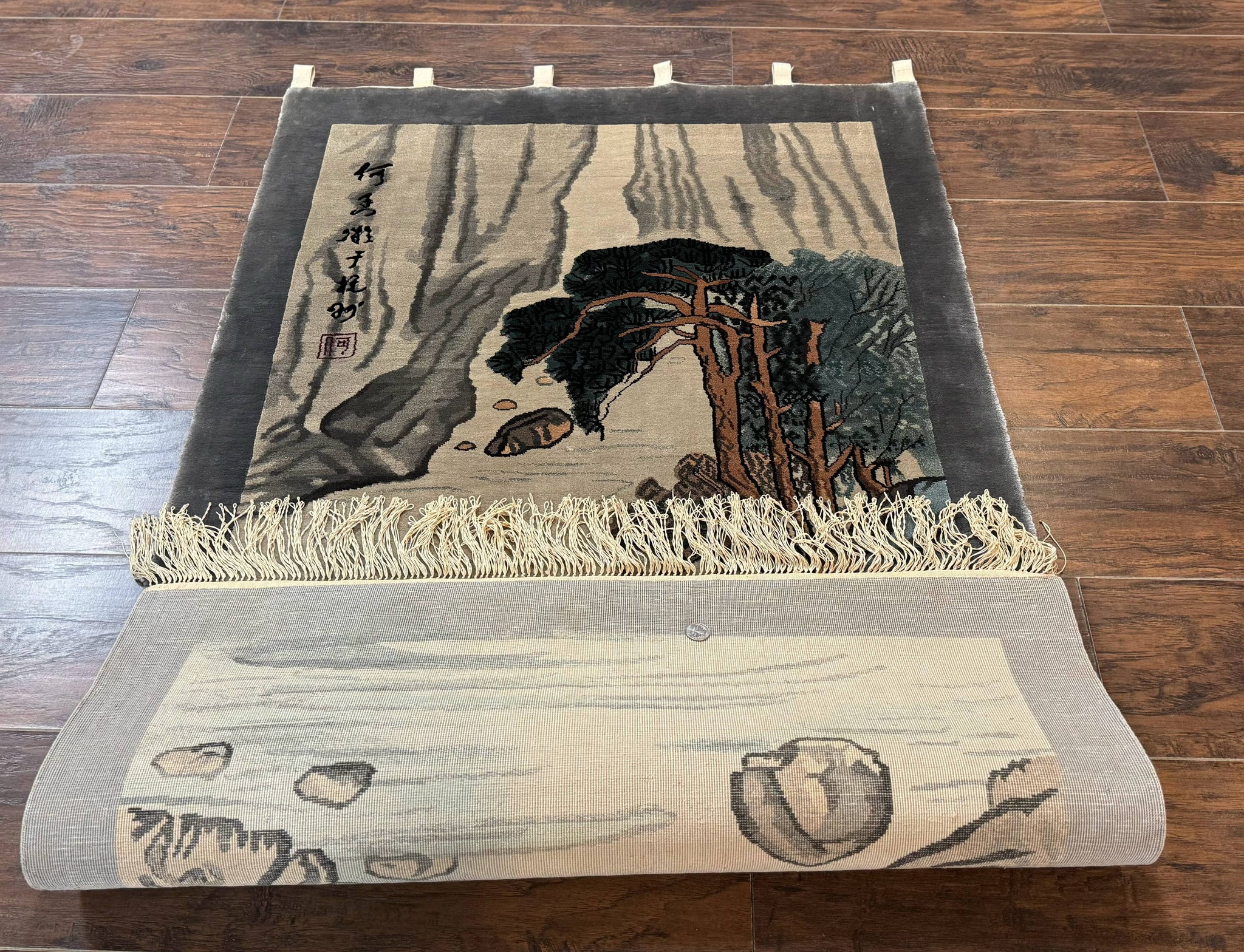 Chinese Silk Wall Hanging 3x5, Handmade, River and Boat Scene, Rug Tapestry by Jewel Rugs