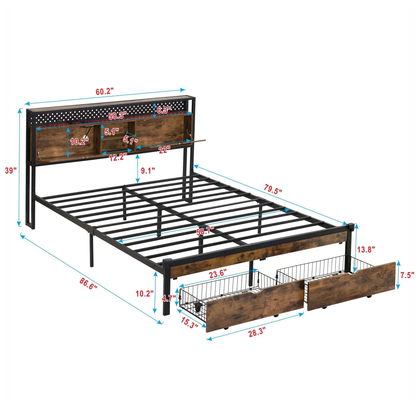 Modern Platform Bed, USB Charging Station, 2 Drawers, LED Lights by Unique Piece Furniture