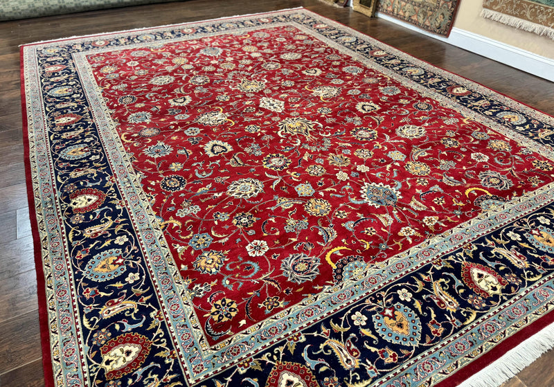 Pak Persian Rug 9x12, Red and Navy Blue, Floral Allover, Hand Knotted Vintage Wool Carpet, Fine 260 KPSI by Jewel Rugs