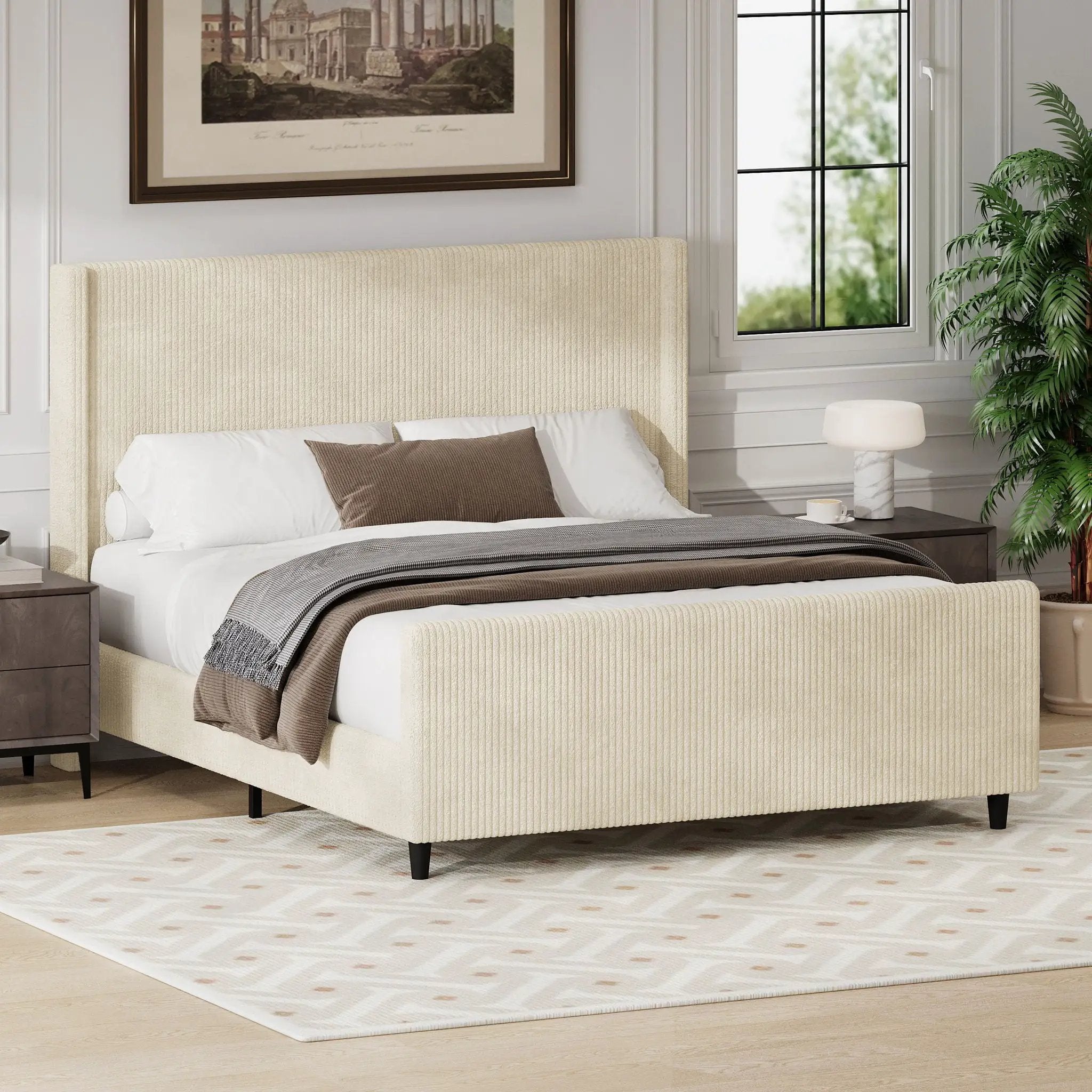 Corduroy Upholstered Bed Frame with Vertical Stripe Wingback and High Footboard by HouseOfZazla