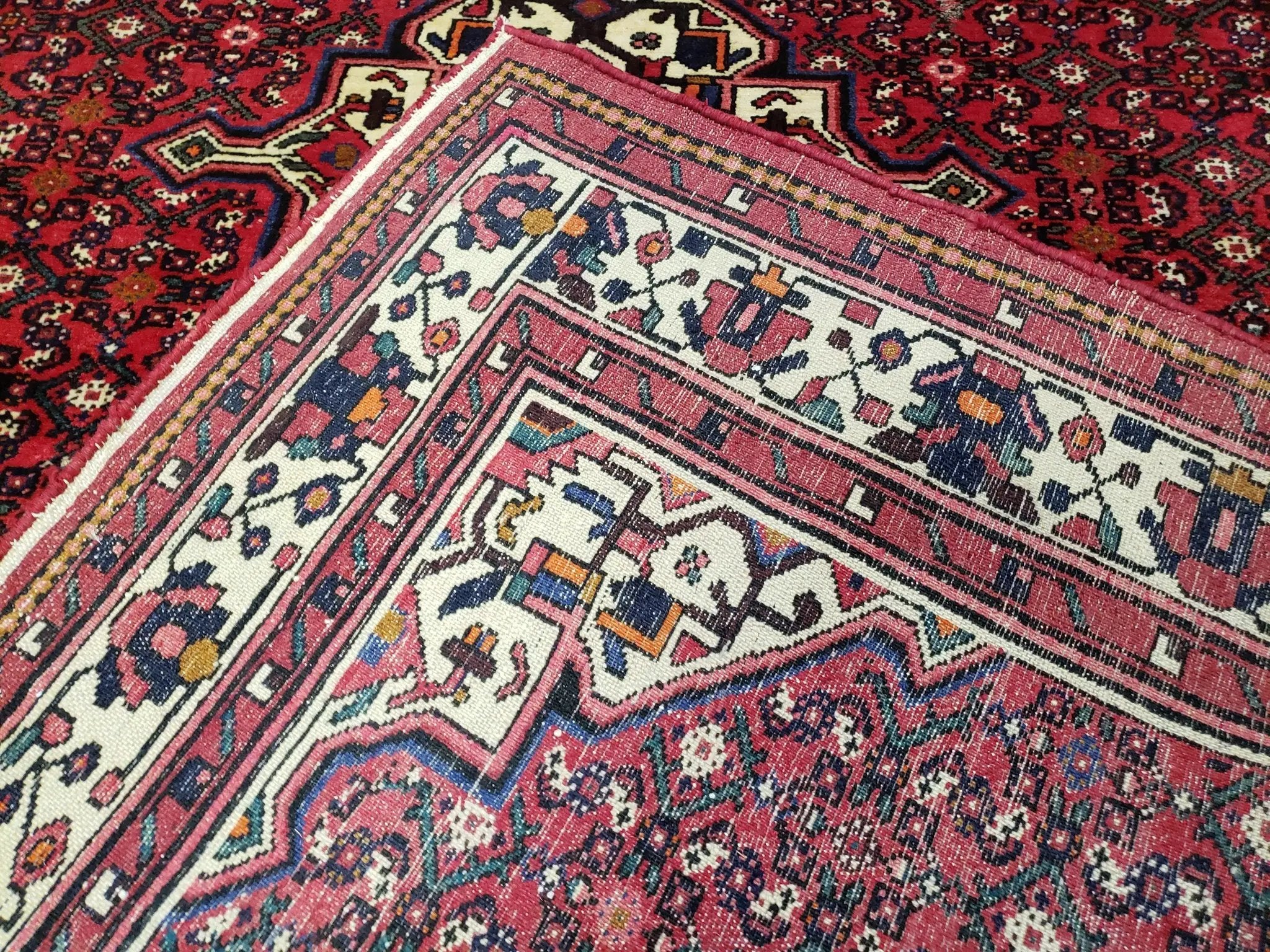 Vintage Persian Hamedan Rug 7x10, Angelas Mahi Pattern, Red, Wool, Hand-Knotted by Jewel Rugs