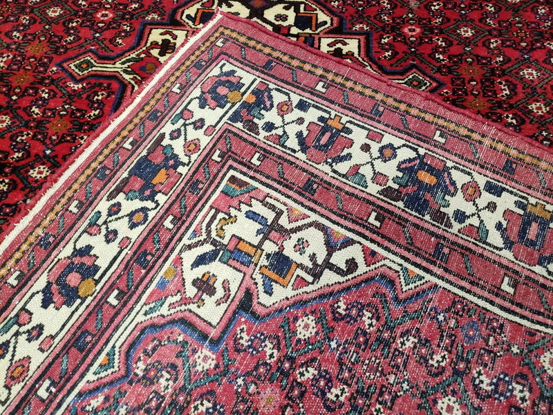 Vintage Persian Hamedan Rug 7x10, Angelas Mahi Pattern, Red, Wool, Hand-Knotted by Jewel Rugs