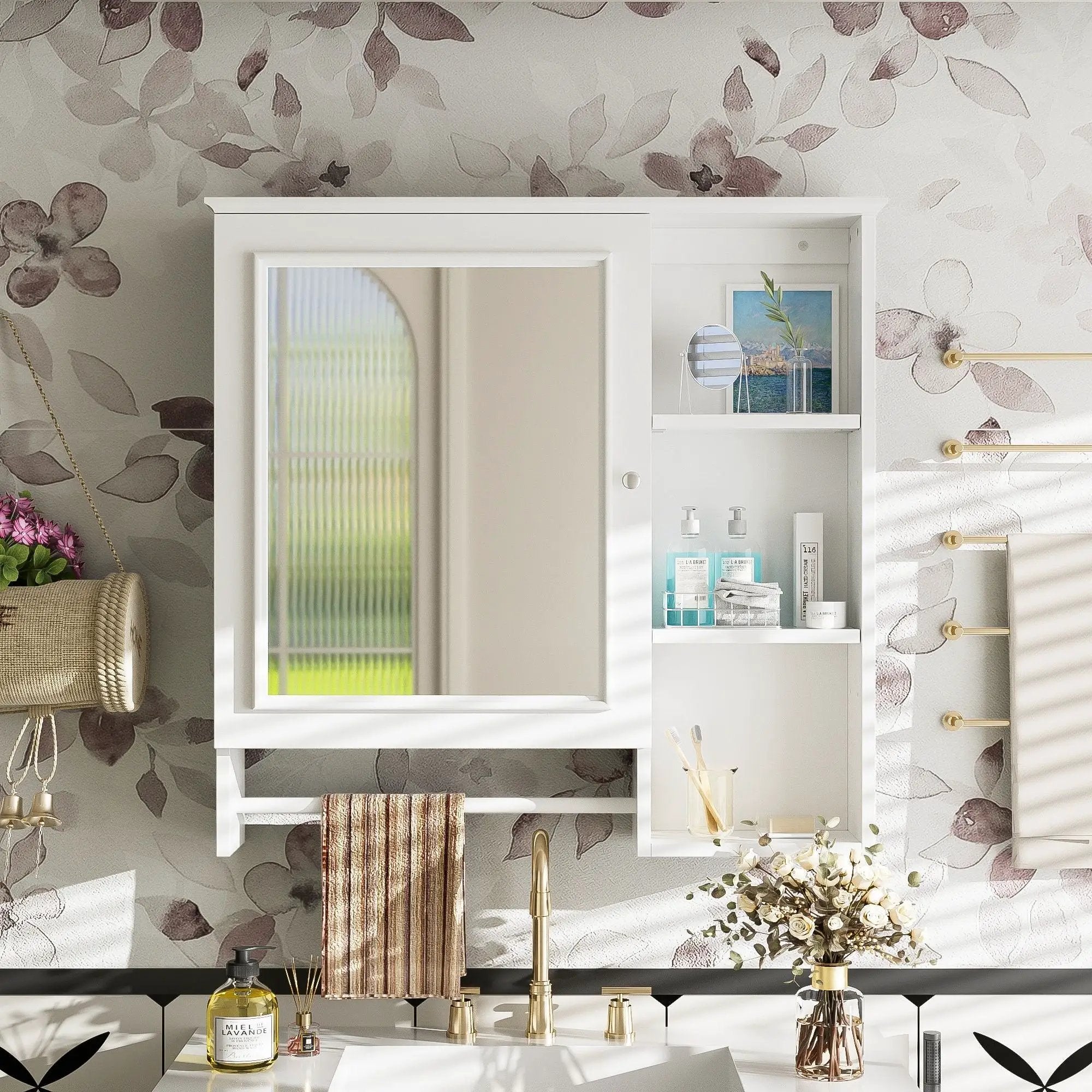 Wall Mounted Bathroom Storage Cabinet, Medicine Cabinets With Large Mirror Door, Adjustable Shelves And Three Open Storage Levels(Not Include Bathroom Vanity) by Unique Piece Furniture