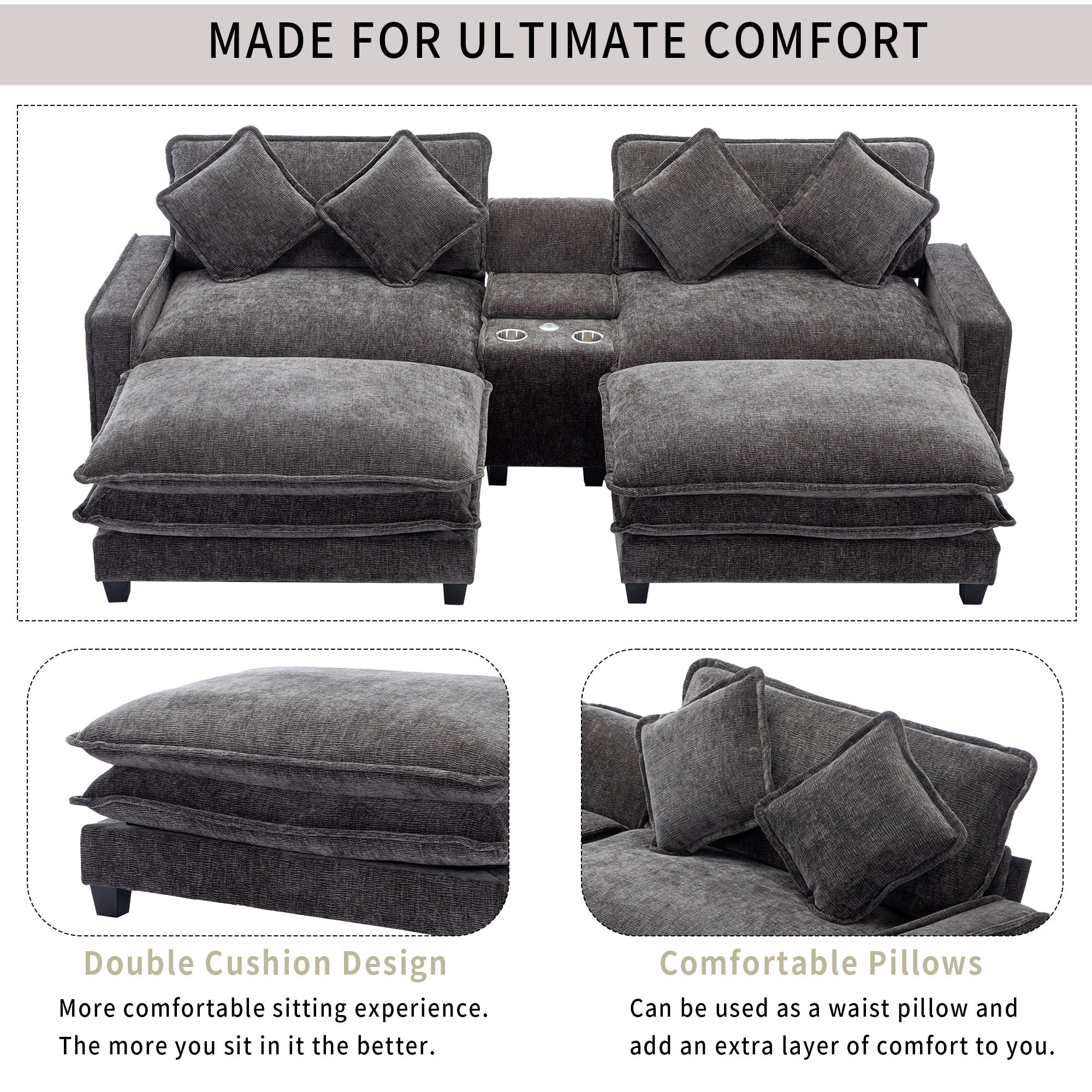 Modern Sectional Sofa With Removable Ottomans, USB Ports by HouseOfZazla