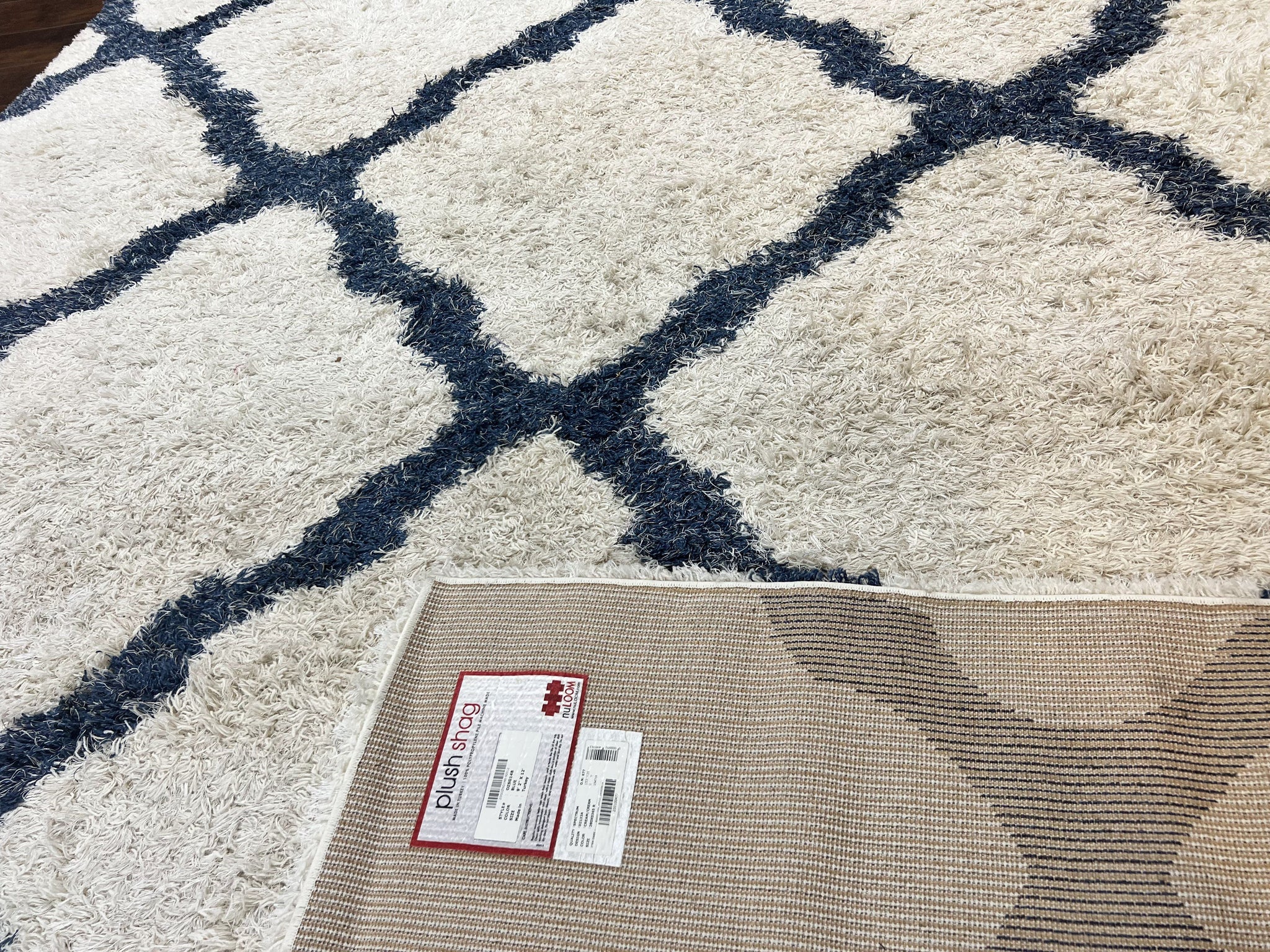 Modern Shag Rug 9x12, Ivory and Dark Blue, Diamond Pattern, Soft, Room Sized, Contemporary Rug, Plush by Jewel Rugs