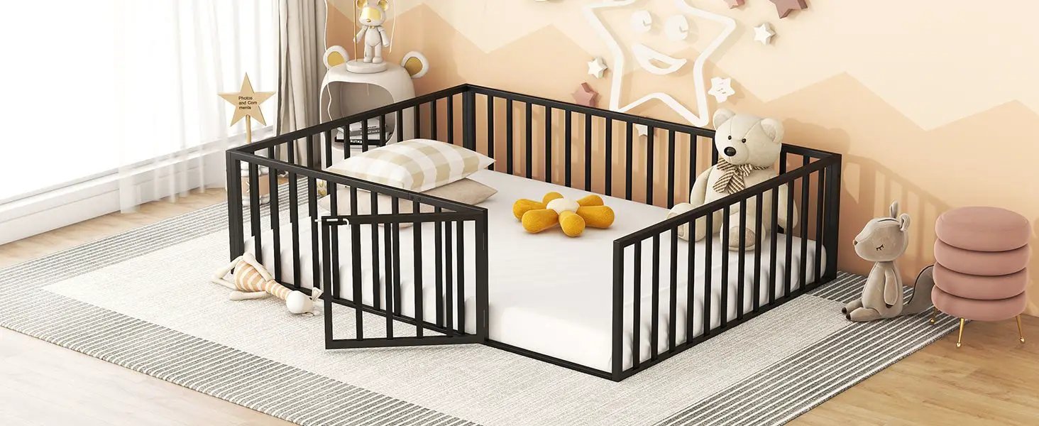 Metal Floor Bed Frame With Fence And Door by HouseOfZazla