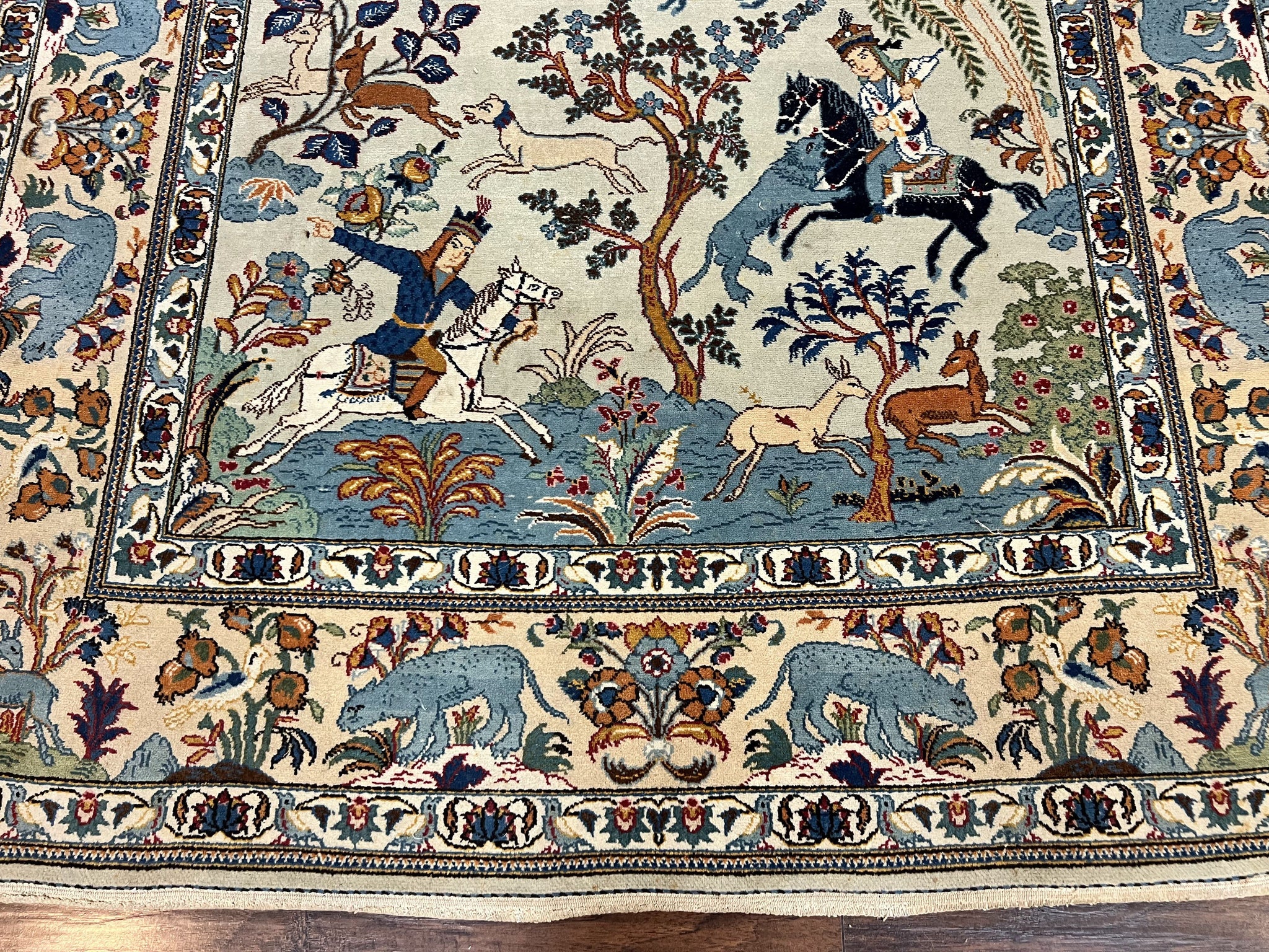 Persian Kashan Pictorial Rug 4.6 x 7, Hunting Scene, Signed by Masterweaver, Animal Pictorials, Rare, Handmade, Wool, Vintage, Very Fine by Jewel Rugs