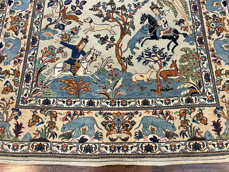 Persian Kashan Pictorial Rug 4.6 x 7, Hunting Scene, Signed by Masterweaver, Animal Pictorials, Rare, Handmade, Wool, Vintage, Very Fine by Jewel Rugs