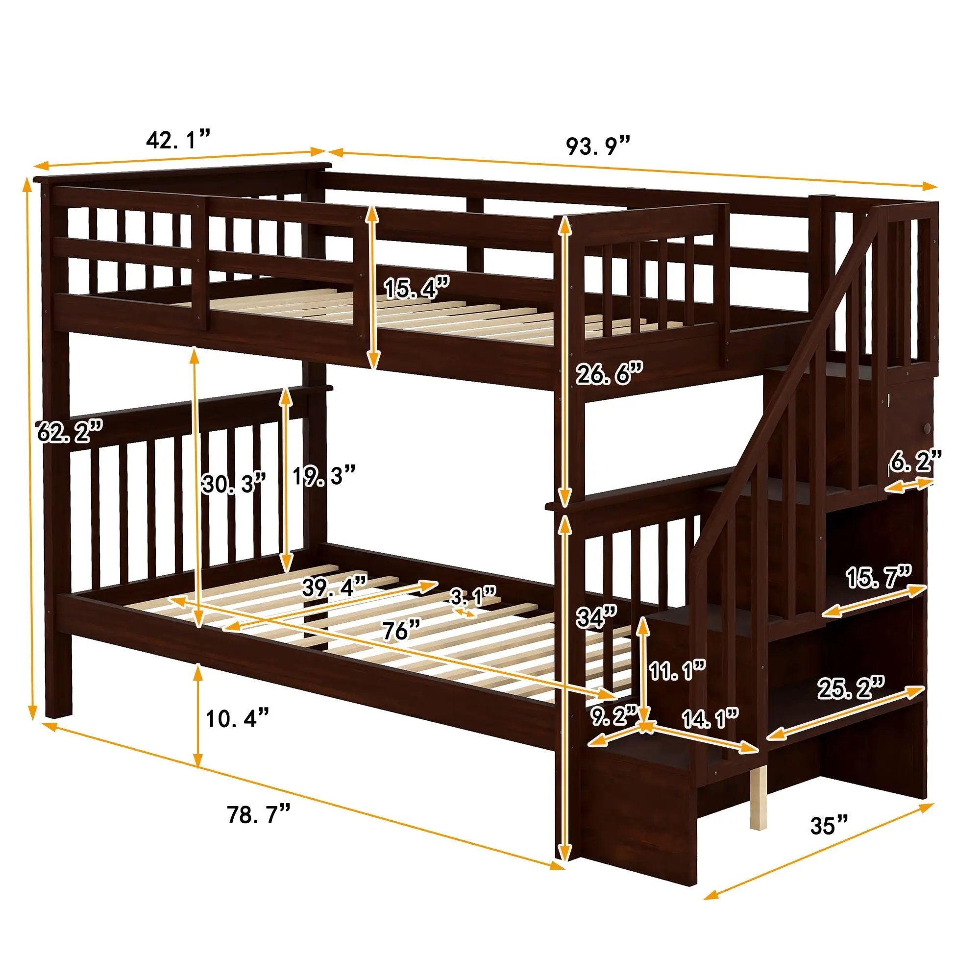 Stairway Bunk Bed With Storage And Guard Rail For Bedroom by HouseOfZazla
