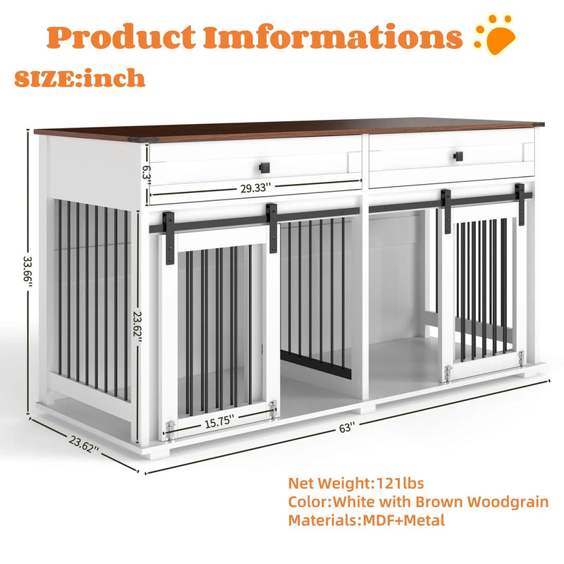 Large Dog Crate, Water Resistant Indoor Pets Furniture Double Dog Crates - Brown White by HouseOfZazla