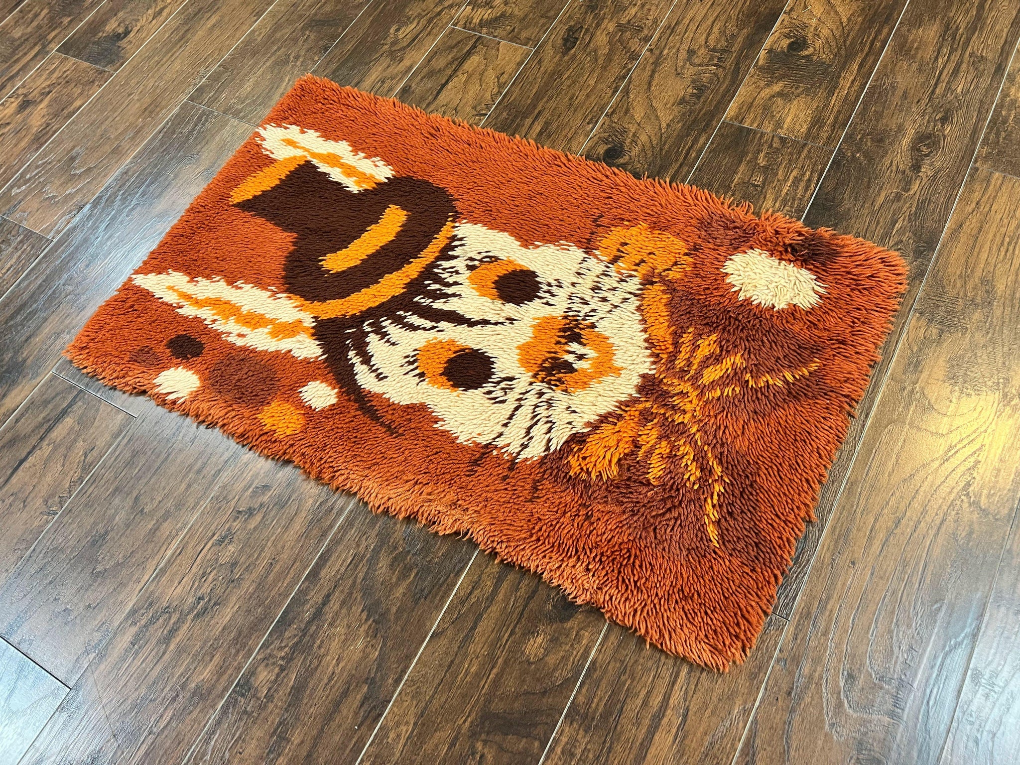 Rya Shag Rug 2x4, Rabbit in Top Hat, Wool, Orange, Vintage 1960s Danish Shag Rug by Jewel Rugs