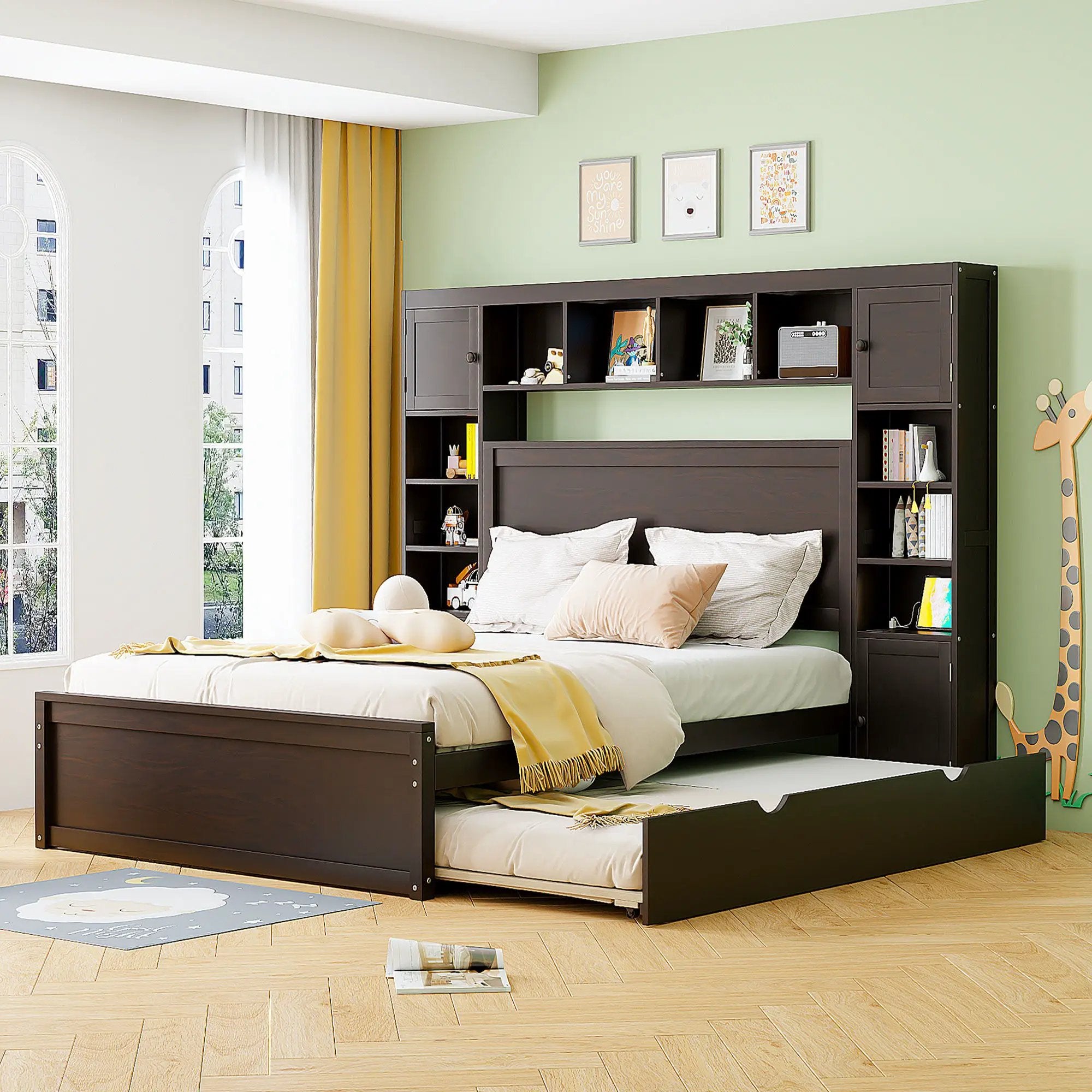 Bed With All In One Cabinet, Shelf And Sockets, Twin Long Trundle by Unique Piece Furniture