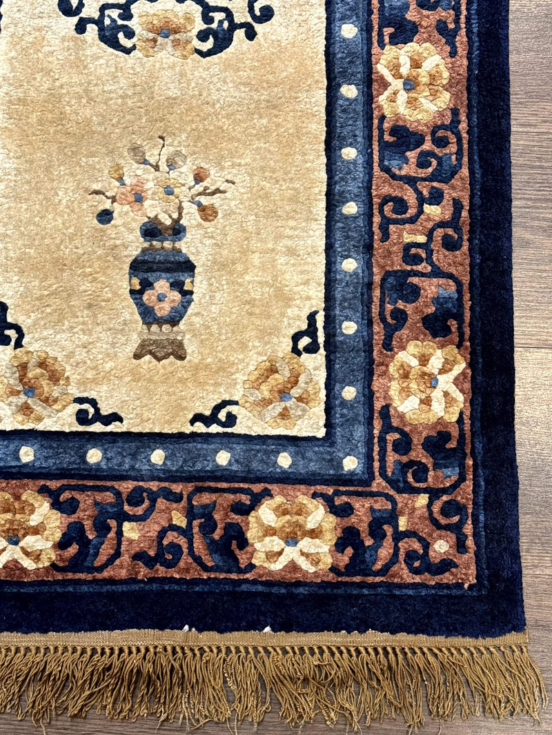 Silk Chinese Rug 2x4, Peking Carpet, Golden-Beige and Blue, Hand Knotted, Simple Design by Jewel Rugs
