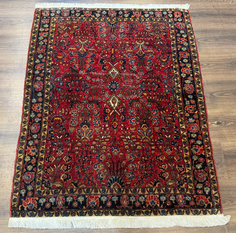 Antique Persian Sarouk Rug 3x4, Red, Floral, 1920s Wool Rug by Jewel Rugs