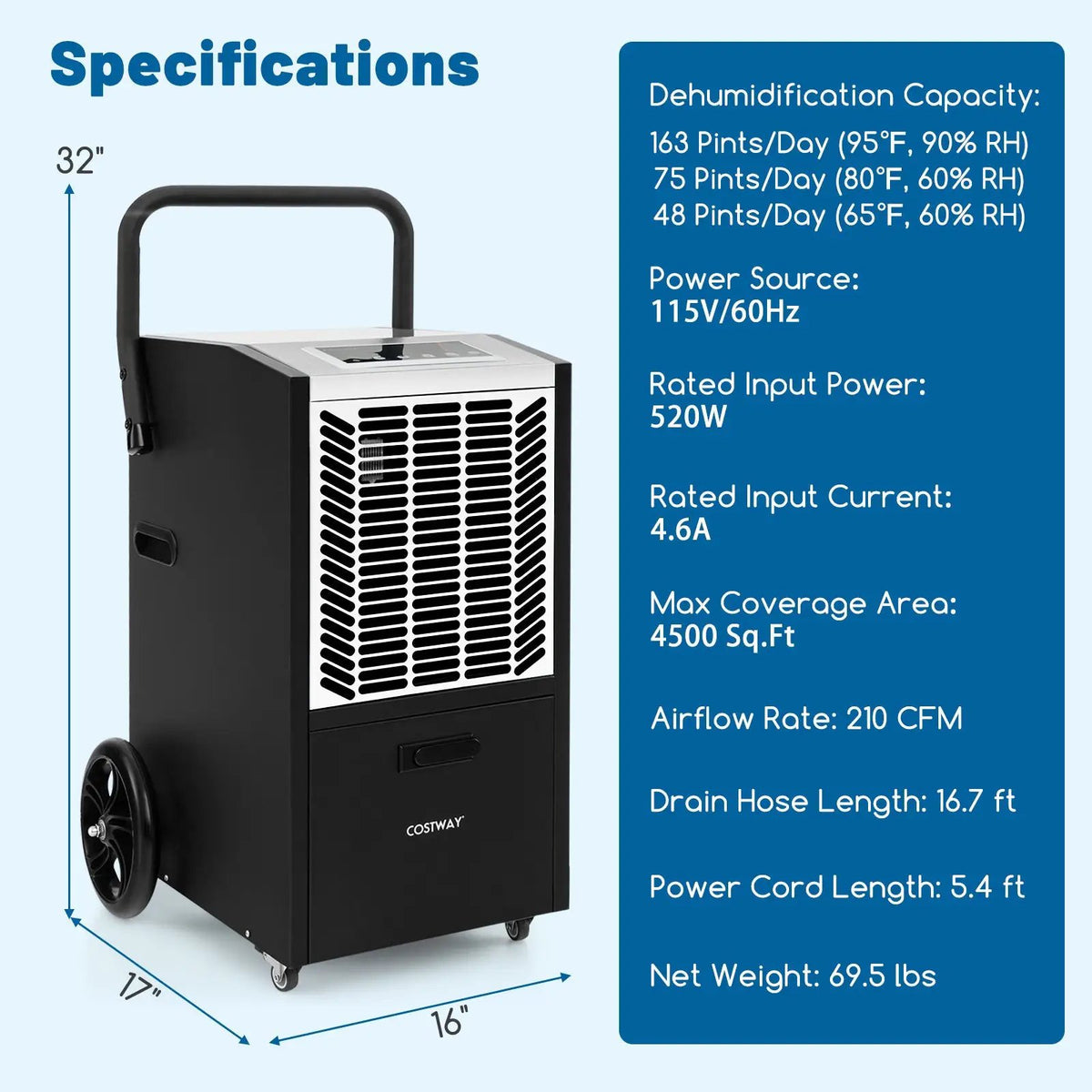 140 Pints Commercial Dehumidifier Crawl Space Dehumidifier with Pump and Drain Hose, photo 4 of 9