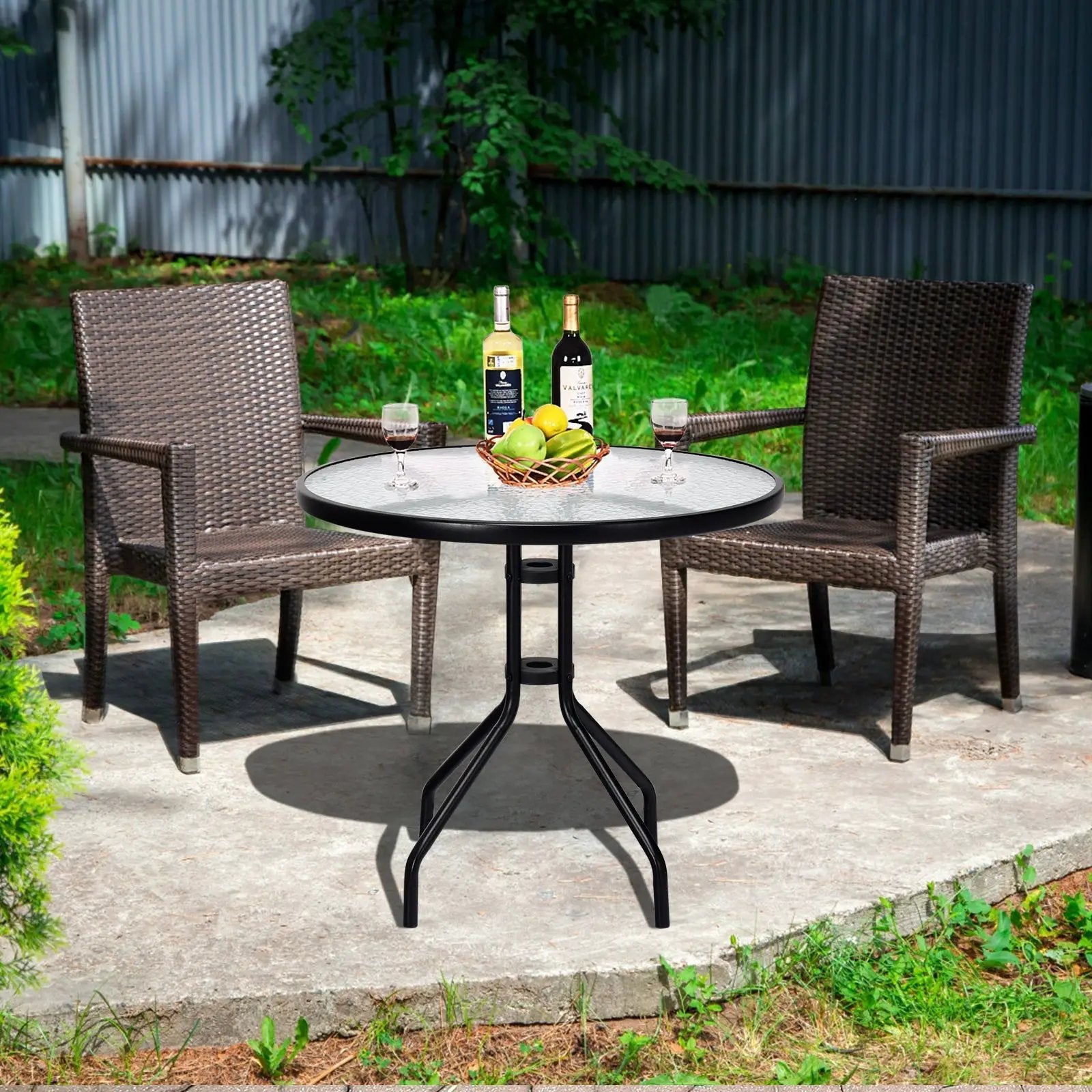 32 Inch Outdoor Patio Round Tempered Glass Top Table with Umbrella Hole by DirectDeals