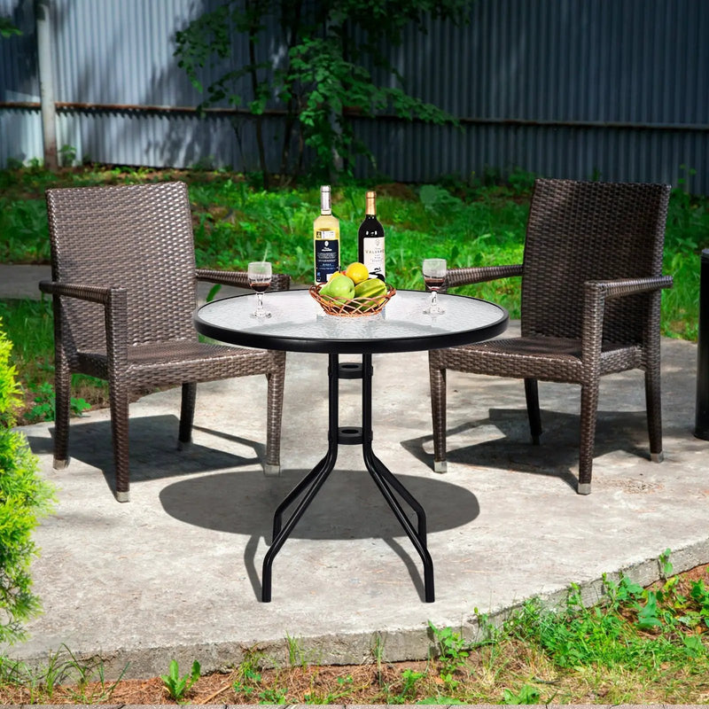 32 Inch Outdoor Patio Round Tempered Glass Top Table with Umbrella Hole by DirectDeals