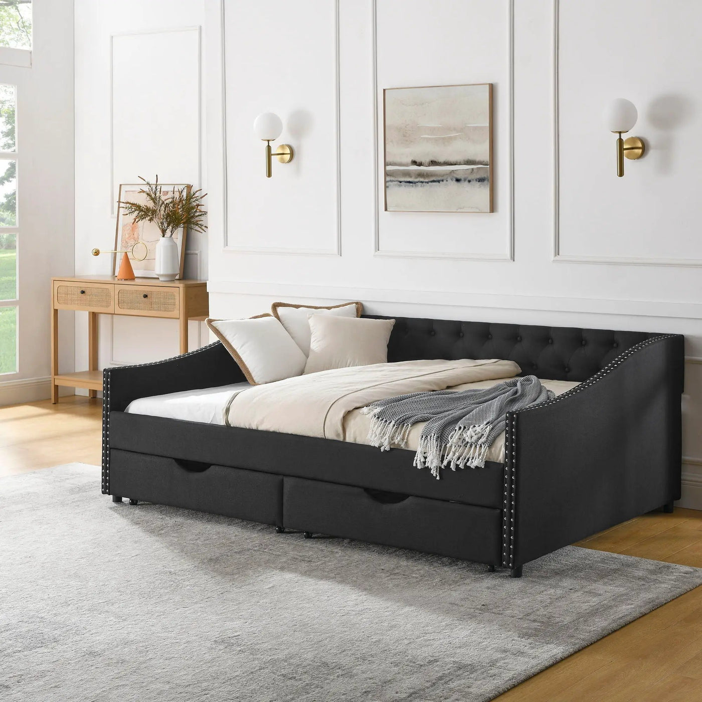 Upholstered Tufted Daybed With 2 Drawers, Waved Arms by HouseOfZazla