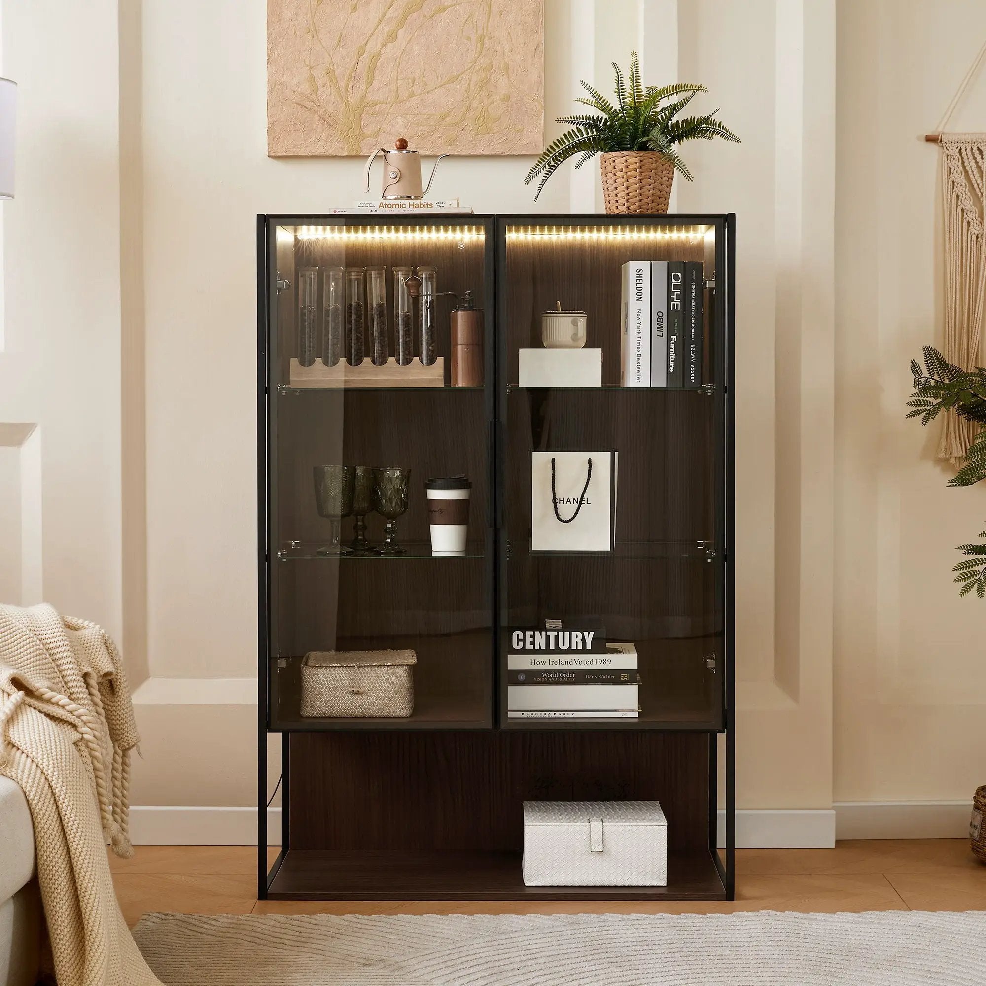 Modern Minimalist Tall Lighted Display Cabinet With Tempered Glass Door - Black / Dark Walnut by HouseOfZazla